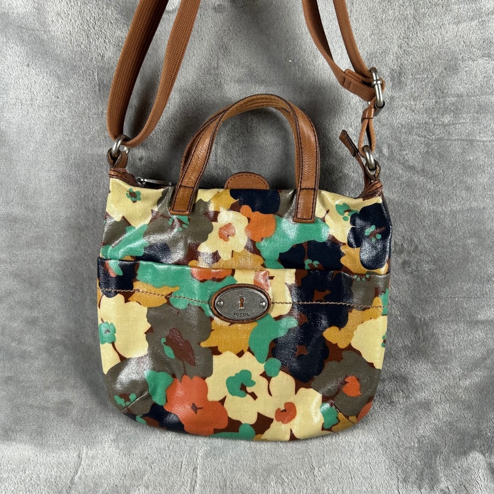Fossil Key-Per Floral Coated Canvas Crossbody Bag Brown Leather Trim Multi-Color